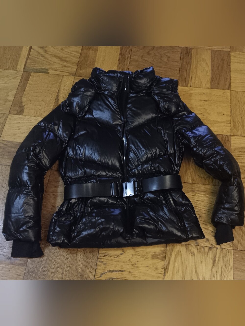 RUDSAK Shiny Black Quilted Belted Puffer Jacket